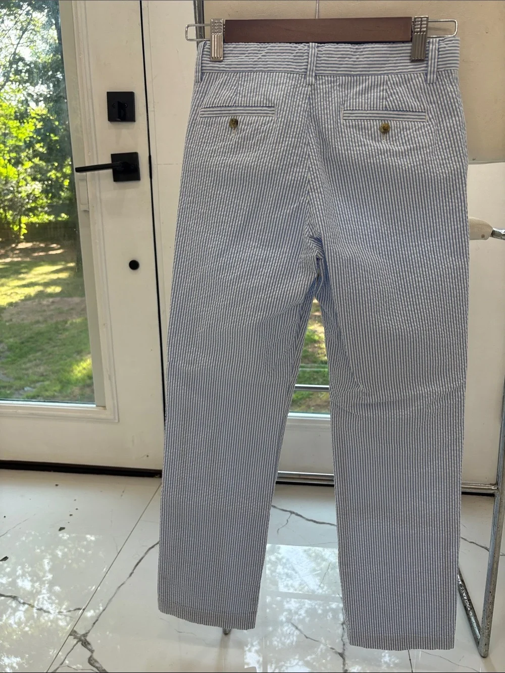 Light Blue & White Seersucker Straight-Leg Pants